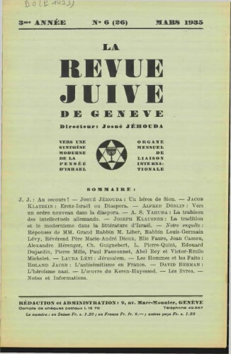 La Revue Juive de Genève. Vol. 3 n° 6 fasc. 26 (mars 1935)